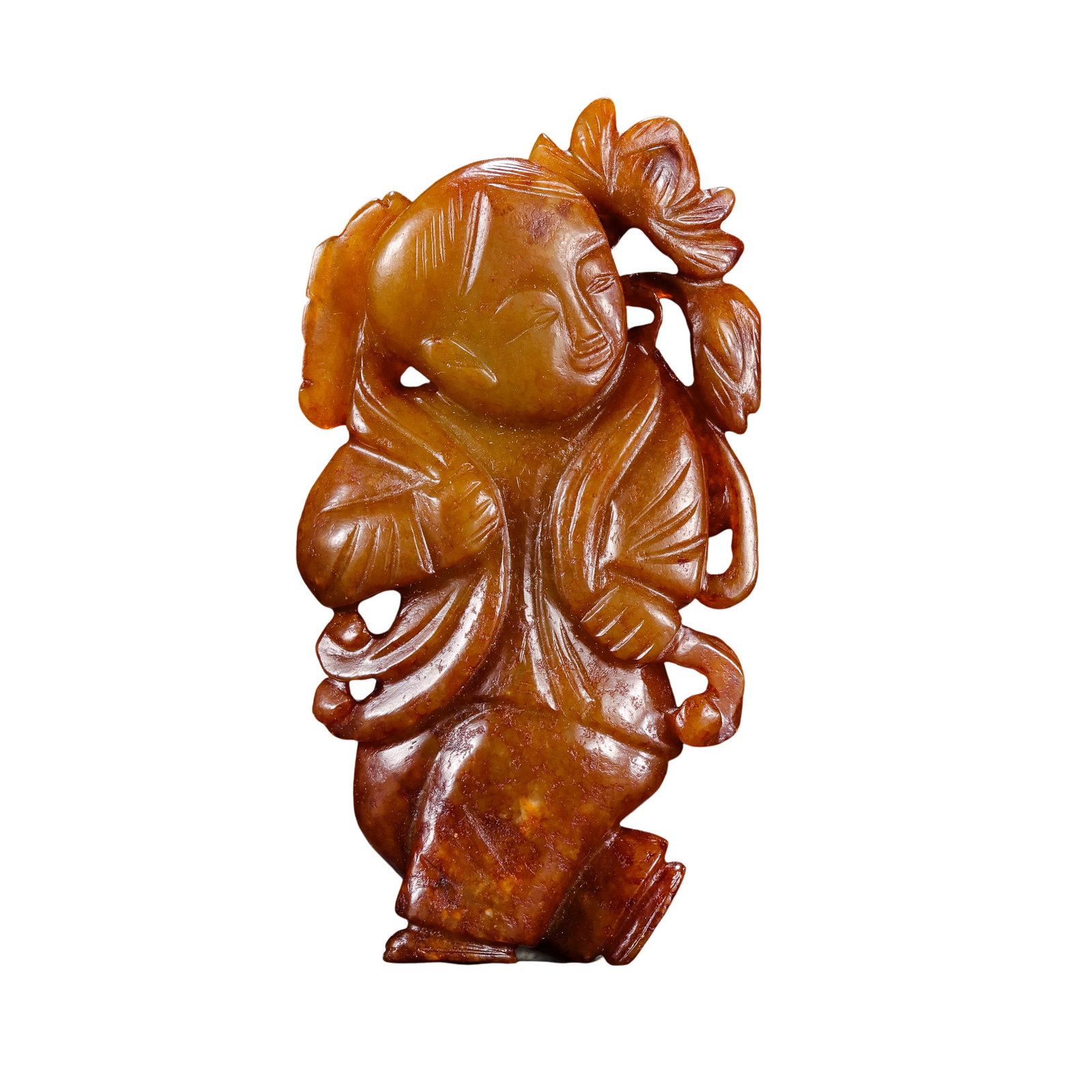 Qing Dynasty Hetian Jade Boy Holding Lotus Hand Piece: 18th–19th century; H. 7.2 cm (2.83 in), W. 3.9 cm (1.54 in); Wt. 46 gCondition & Provenance: Good condition, with natural russet coloration, jade texture, and minor handling wear; private