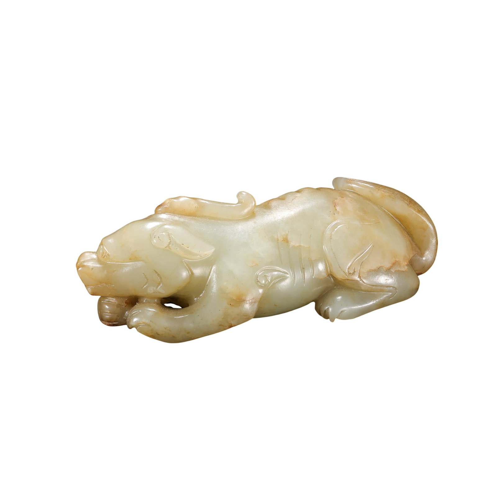 Qing Dynasty Hetian Jade Recumbent Auspicious Beast Hand Piece: 18th–19th century; L. 9.5 cm (3.74 in), H. 3 cm (1.18 in); Wt. 149 gCondition & Provenance: Good condition, with natural russet inclusions, jade texture, and minor handling wear; private