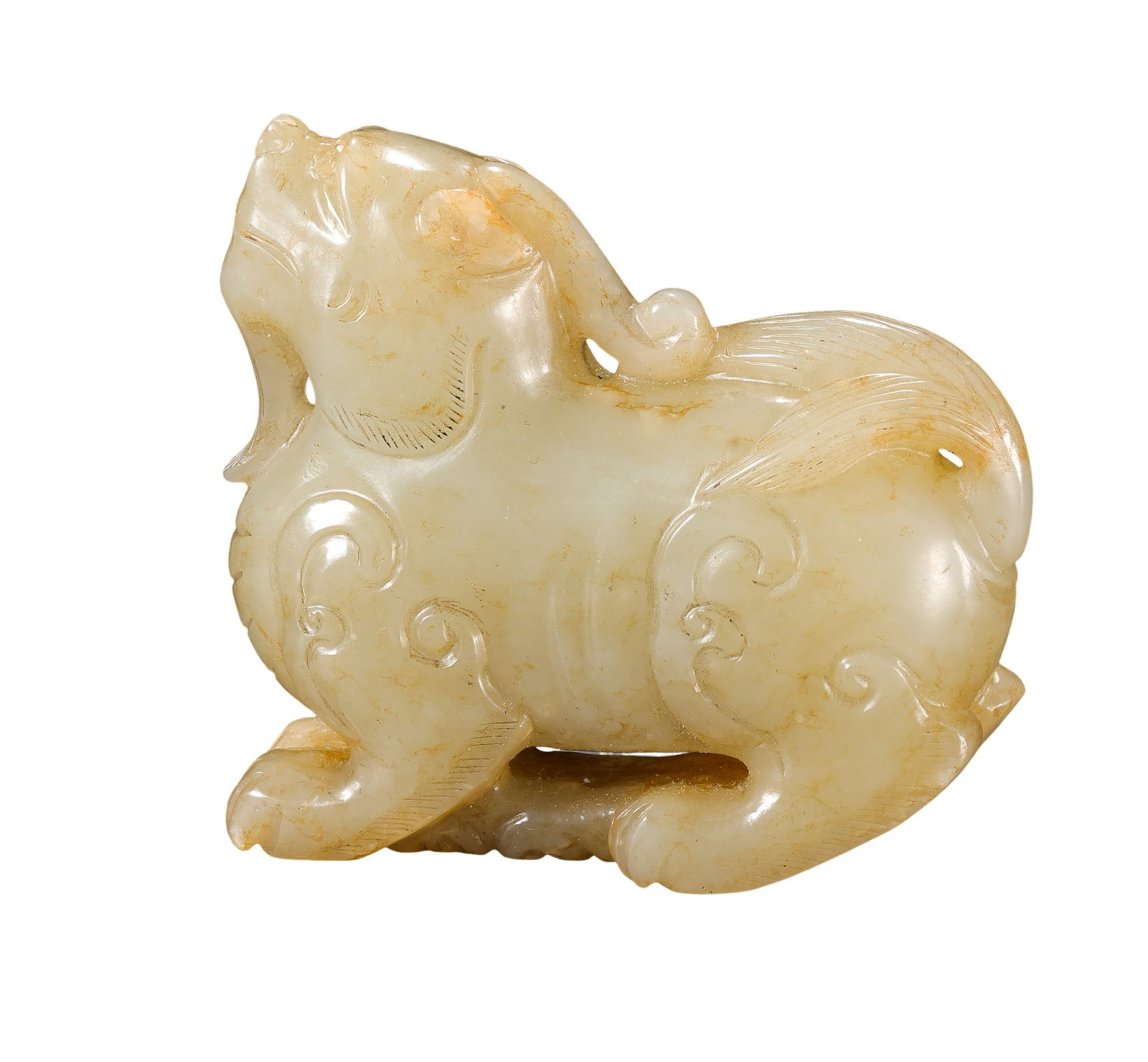 Qing Dynasty Hetian Jade Recumbent Auspicious Beast Hand Piece: 18th–19th century; L. 5.5 cm (2.17 in), H. 4.7 cm (1.85 in); Wt. 63 gCondition & Provenance: Good condition, with natural russet inclusions, jade texture, and minor handling wear; private