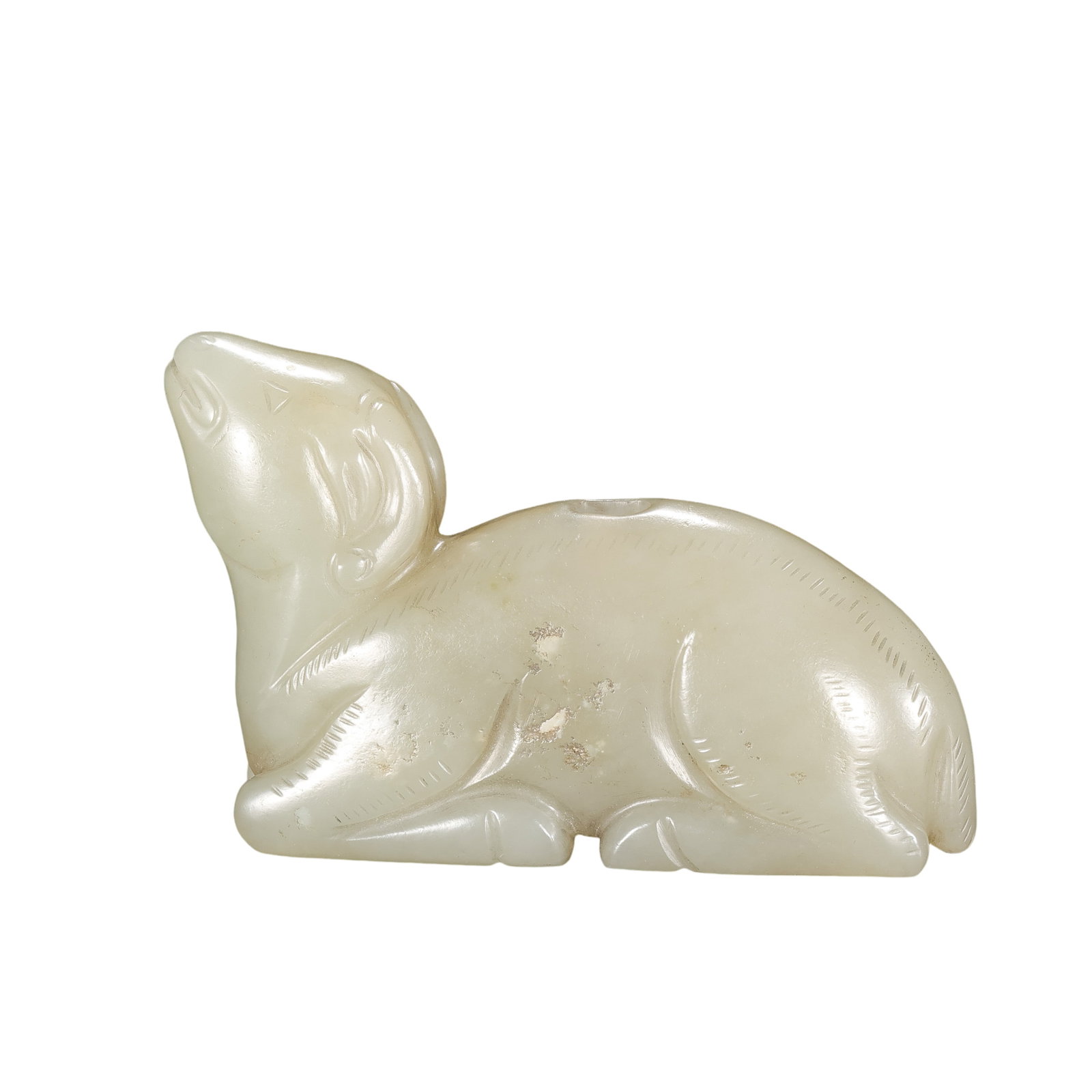 Qing Dynasty Hetian Jade Recumbent Ram Hand Piece: 18th–19th century; L. 8 cm (3.15 in), H. 4.3 cm (1.69 in); Wt. 95 g