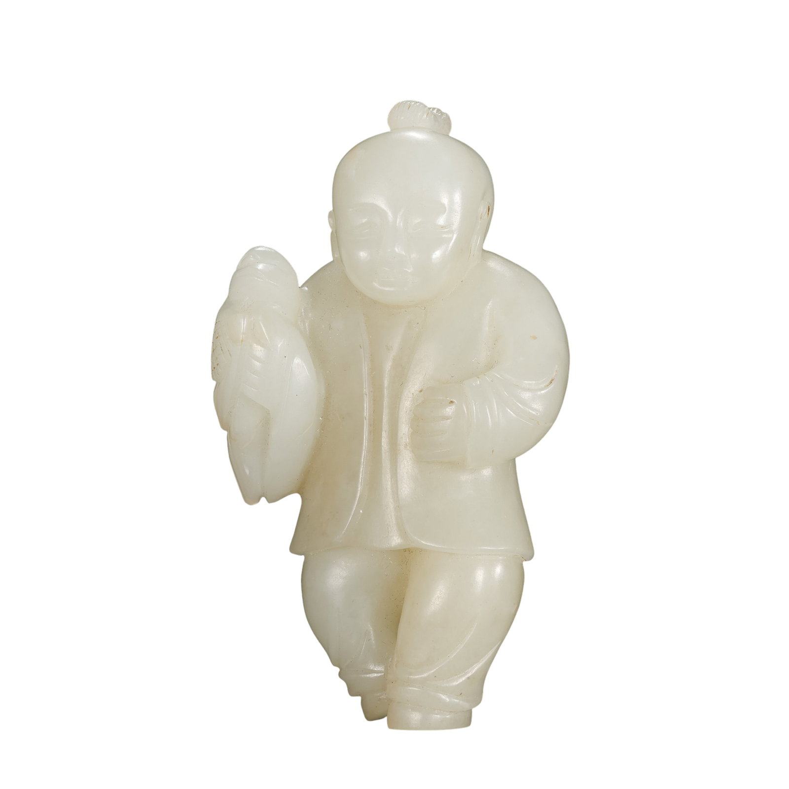 Qing Dynasty Hetian Jade Boy Hand Piece: 18th–19th century; H. 8 cm (3.15 in), W. 4.5 cm (1.77 in); Wt. 102 gCondition & Provenance: Good condition, with natural jade texture, subtle inclusions, and minor handling wear; private