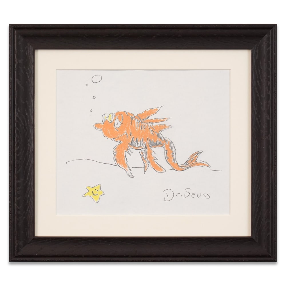 DR. SEUSS HAND-DRAWN AND SIGNED COLORED CHARACTER DRAWING: Image Dimensions: 11 7/8 x 14 1/4 in (30.1 x 36.3 cm) Framed Dimensions: 19 3/4 x 22 1/8 in (50.2 x 56.2 cm) Provenance and Authentication: This collectible has undergone a rigorous forensic evaluatio