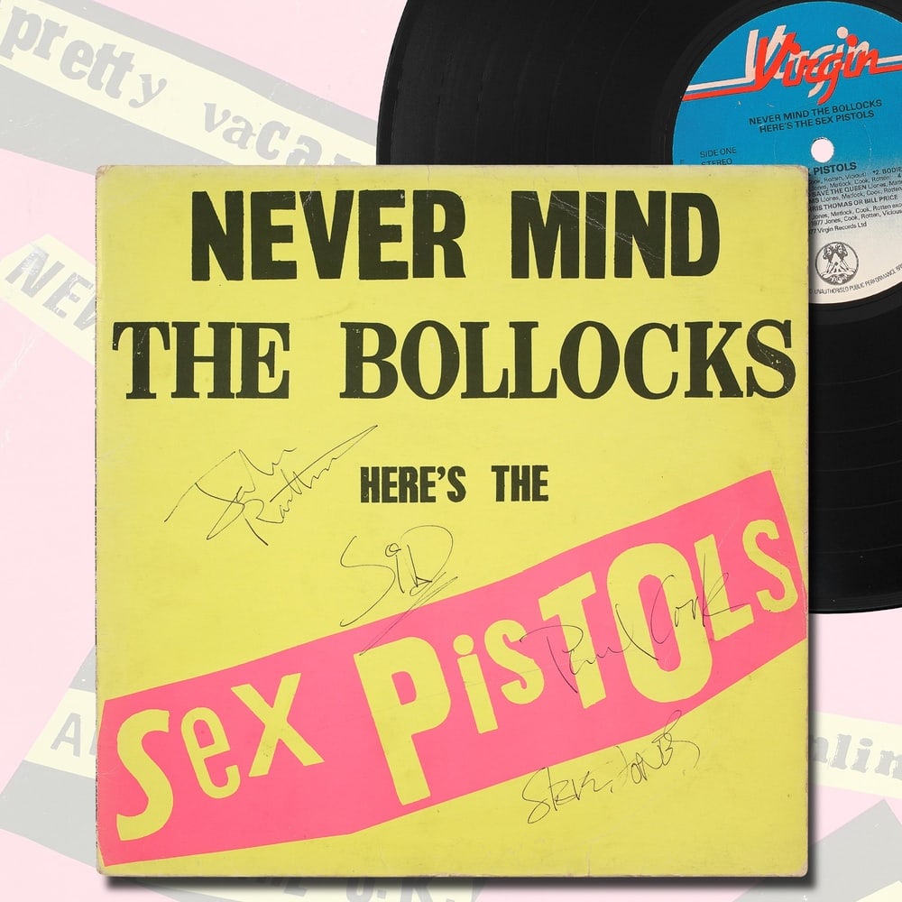 SEX PISTOLS FULLY SIGNED "NEVER MIND THE BOLLOCKS, HERE'S THE SEX PISTOLS" LP: 12 1/4 x 12 1/4 in Provenance and Authentication: This collectible has undergone a rigorous forensic evaluation. The signatures were carefully analyzed across multiple criteria, including ink