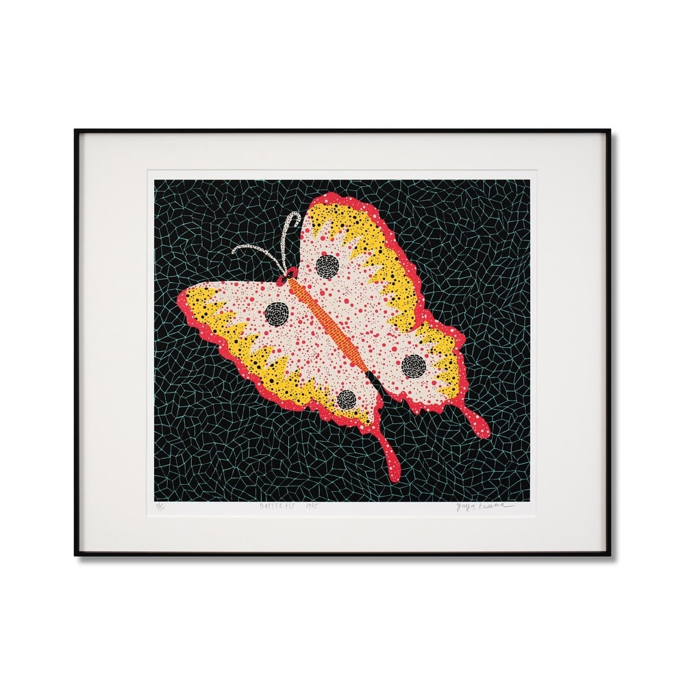 YAYOI KUSAMA (B.1929), SILKSCREEN PRINT: Signed (lower right) Image Dimensions: 19 1/4 x 21 5/8 in (49 x 55 cm) Framed Dimensions: 23 7/8 x 29 3/4 in (60.5 x 75.5 cm) Yayoi Kusama (b. 1929) stands as one of the most iconic and influential fe