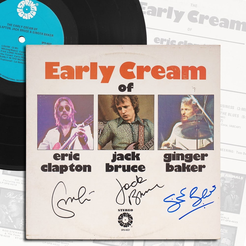 CREAM FULLY SIGNED "THE EARLY CREAM OF ERIC CLAPTON, JACK BRUCE & GINGER BAKER" LP: 12 1/4 x 12 1/4 in Provenance and Authentication: This collectible has undergone a rigorous forensic evaluation. The signatures were carefully analyzed across multiple criteria, including ink