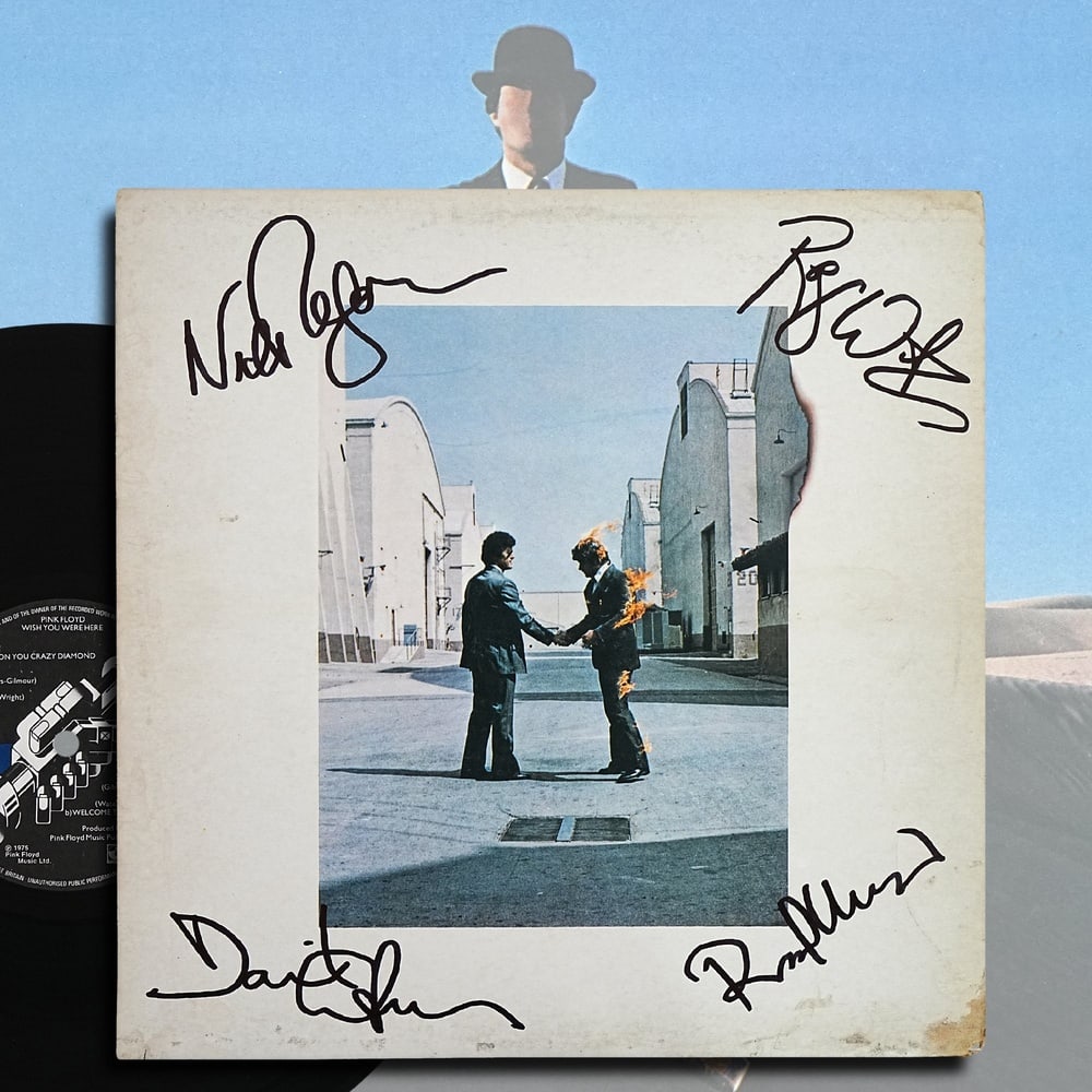 PINK FLOYD FULLY SIGNED "WISH YOU WERE HERE" LP (U.K. FIRST PRESSING): 12 1/4 x 12 1/4 in Released in 1975, Wish You Were Here stands among Pink Floyd's most celebrated and emotionally resonant albums. Created as a reflection on absence, artistic alienation, and the