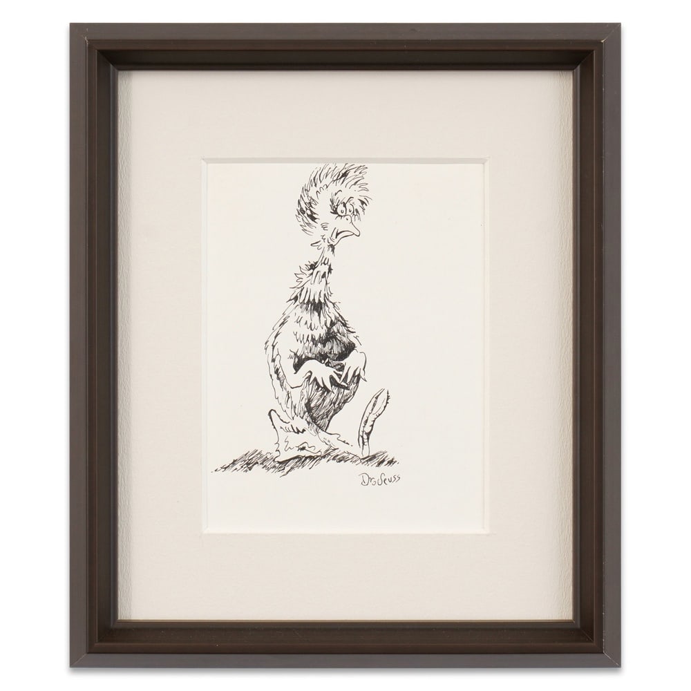 DR. SEUSS HAND-DRAWN AND SIGNED CHARACTER DRAWING: Image Dimensions: 7 1/2 x 5 5/8 in (19.1 x 14.3 cm) Framed Dimensions: 13 1/2 x 11 1/2 in (34.2 x 29.1 cm) Provenance and Authentication: This collectible has undergone a rigorous forensic