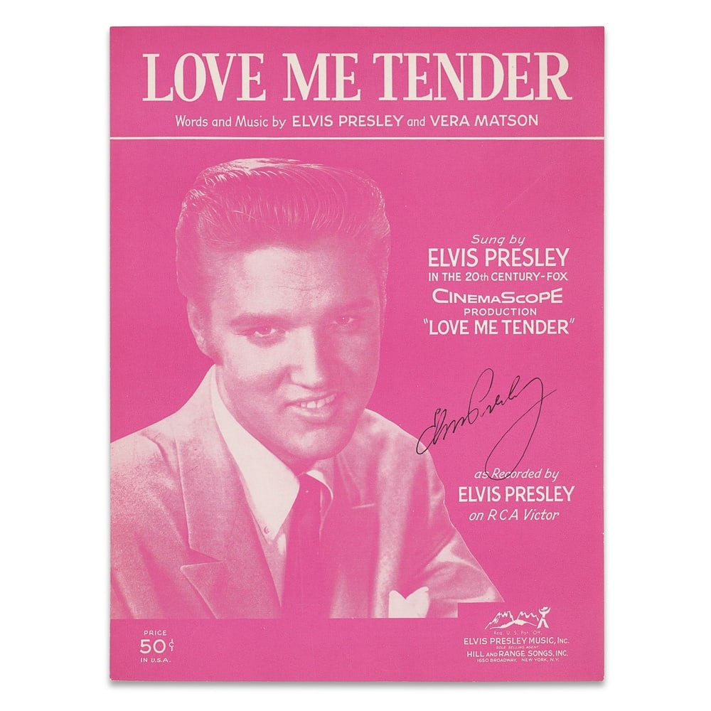 ELVIS PRESLEY SIGNED LOVE ME TENDER SHEET MUSIC: 12 x 8 7/8 in (30.4 x 22.7 cm) Provenance and Authentication: This collectible has undergone a rigorous forensic evaluation. The signatures were carefully analyzed across multiple criteria, including 