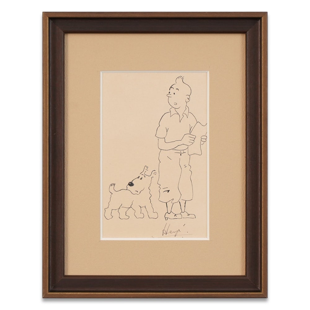 HERGÉ SIGNED TINTIN AND SNOWY DRAWING: Image Dimensions: 7 7/8 x 4 3/4 in (20 x 12 cm) Framed Dimensions: 13 3/4 x 10 7/8 in (35 x 27.5 cm) Provenance and Authentication: This collectible has undergone a rigorous forensic evaluation. The s