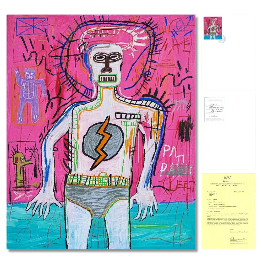 JEAN-MICHEL BASQUIAT (1960-1988), ATTRIBUTED TO, ACRYLIC AND OILSTICK ON CANVAS: Signed (verso) Image Dimensions: 39 x 31 1/8 in (99 x 79 cm) This painting comes with COA. Jean-Michel Basquiat stands as one of the most influential and transformative figures in late twentieth centu