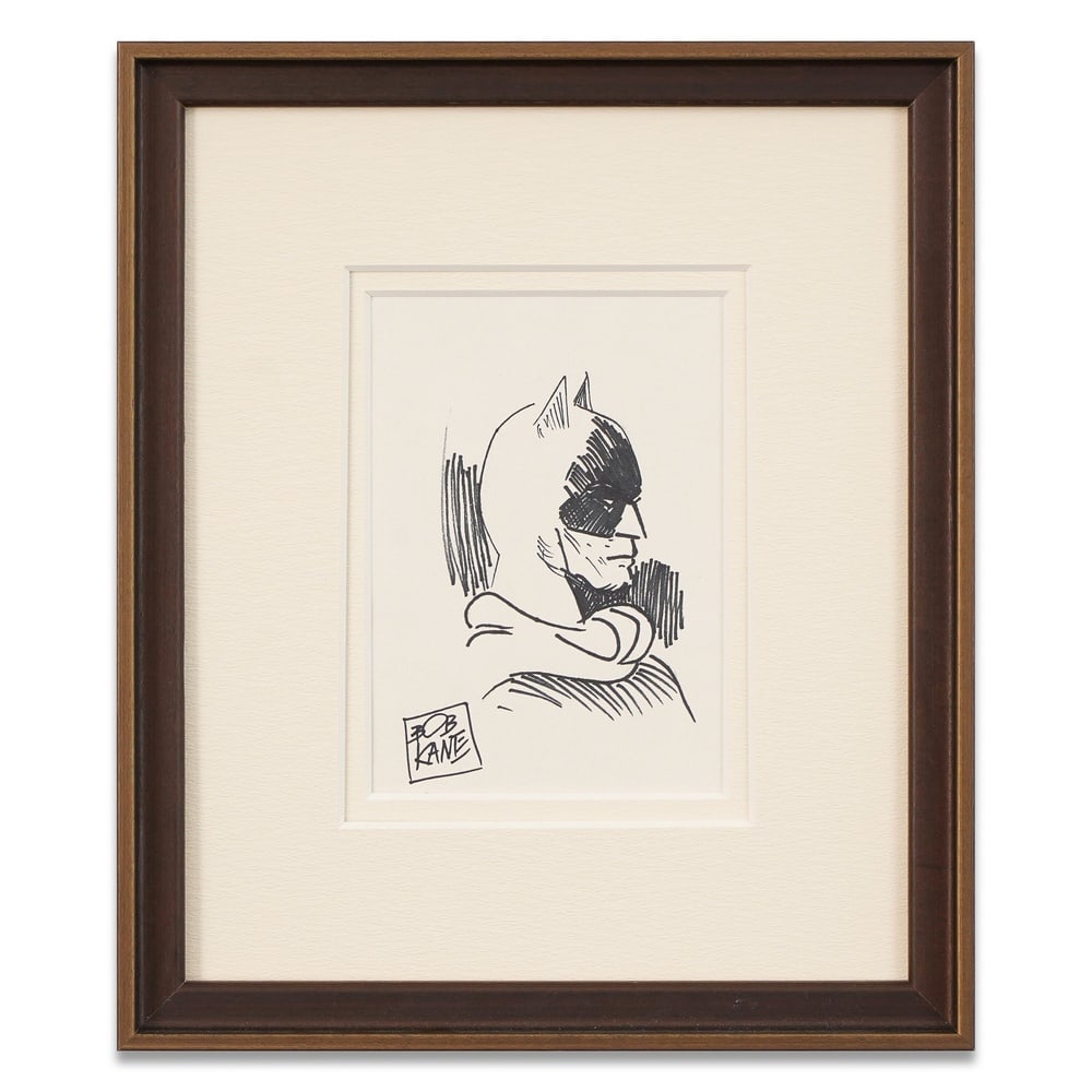 BOB KANE SIGNED BATMAN INK DRAWING: Image Dimensions: 8 x 5 1/2 in (20.2 x 14 cm) Framed Dimensions: 16 1/8 x 13 5/8 in (41 x 34.5 cm) Provenance and Authentication: This collectible has undergone a rigorous forensic evaluation. The