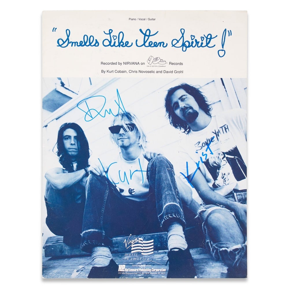 NIRVANA FULLY SIGNED "SMELLS LIKE TEEN SPIRIT" SHEET MUSIC: 12 1/8 x 9 1/8 in (30.7 x 23 cm) Provenance and Authentication: This collectible has undergone a rigorous forensic evaluation. The signatures were carefully analyzed across multiple criteria,