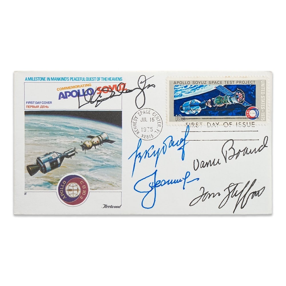 APOLLO-SOYUZ TEST PROJECT FULLY SIGNED FIRST DAY COVER (JULY 15, 1975): 6 1/2 x 3 5/8 in (16.5 x 9.2 cm) Provenance and Authentication: According to the accompanying documentation provided by the consignor, the signatures have been examined with reference to multiple fact