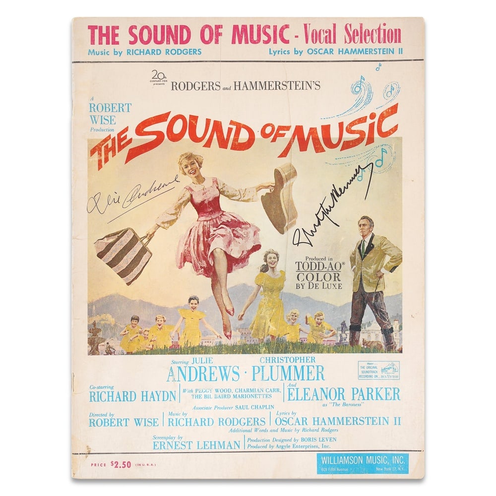 JULIE ANDREWS & CHRISTOPHER PLUMMER SIGNED THE SOUND OF MUSIC VOCAL SELECTION SHEET MUSIC: 11 3/4 x 9 1/8 in (30 x 23 cm) Provenance and Authentication: This collectible has undergone a rigorous forensic evaluation. The signatures were carefully analyzed across multiple criteria, including 