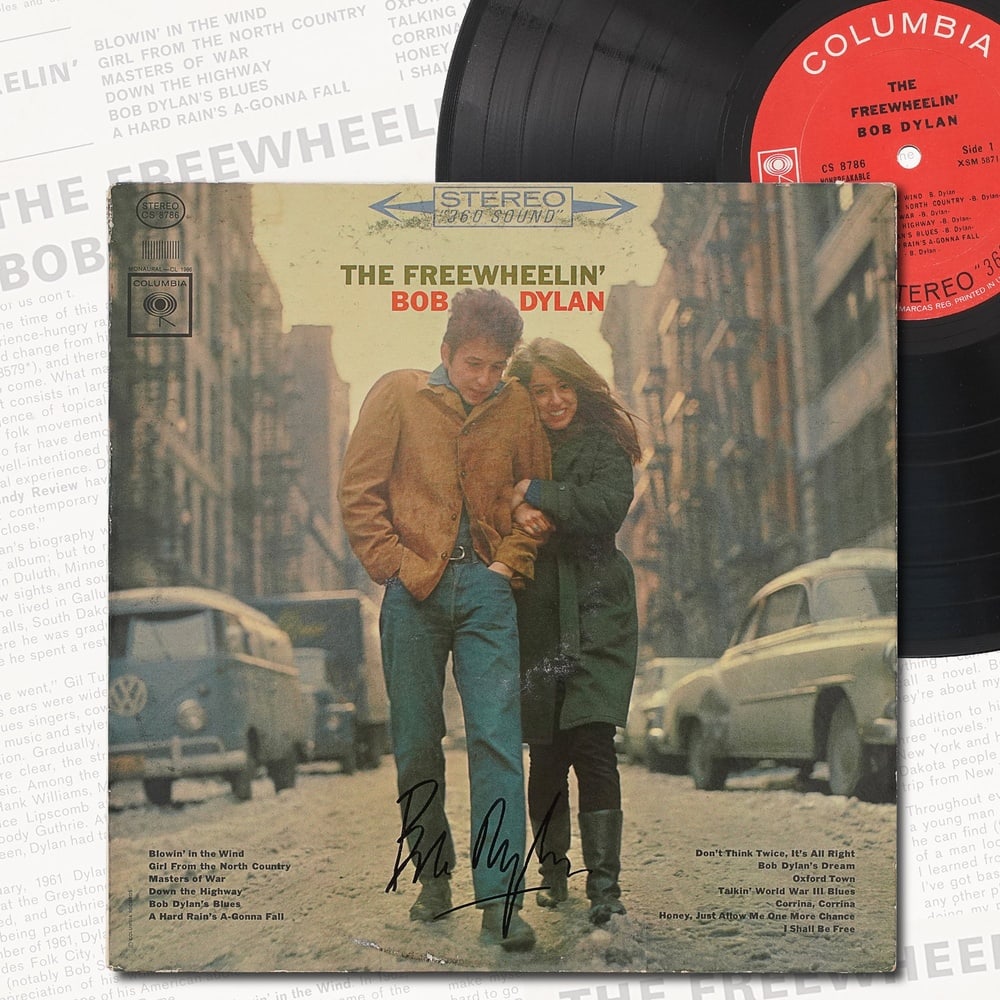 BOB DYLAN SIGNED THE FREEWHEELIN' BOB DYLAN LP: 12 1/4 x 12 1/4 in Provenance and Authentication: This collectible has undergone a rigorous forensic evaluation. The signatures were carefully analyzed across multiple criteria, including ink depositi