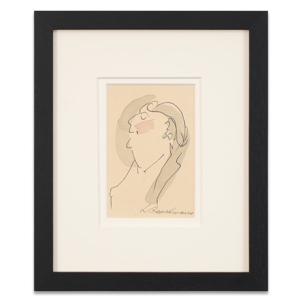 LUDWIG BEMELMANS DRAWN AND SIGNED WATERCOLOR PORTRAIT: Image Dimensions: 7 3/8 x 4 3/4 in (18.7 x 12.1 cm) Framed Dimensions: 15 1/2 x 13 in (39.5 x 33 cm) Provenance and Authentication: According to the Letter of Authenticity (LOA) and Certificate of Aut