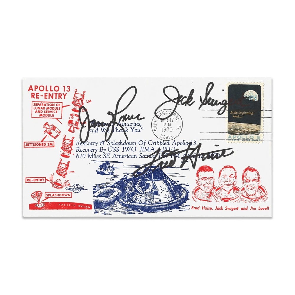 APOLLO 13 CREW FULLY SIGNED RECOVERY COMMEMORATIVE COVER (1970): 6 1/2 x 3 5/8 in (16.5 x 9.2 cm) A 1970 Apollo 13 Recovery Commemorative Cover, fully signed by James A. Lovell Jr., John L. Swigert Jr., and Fred W. Haise Jr. The cover illustrates the dramatic