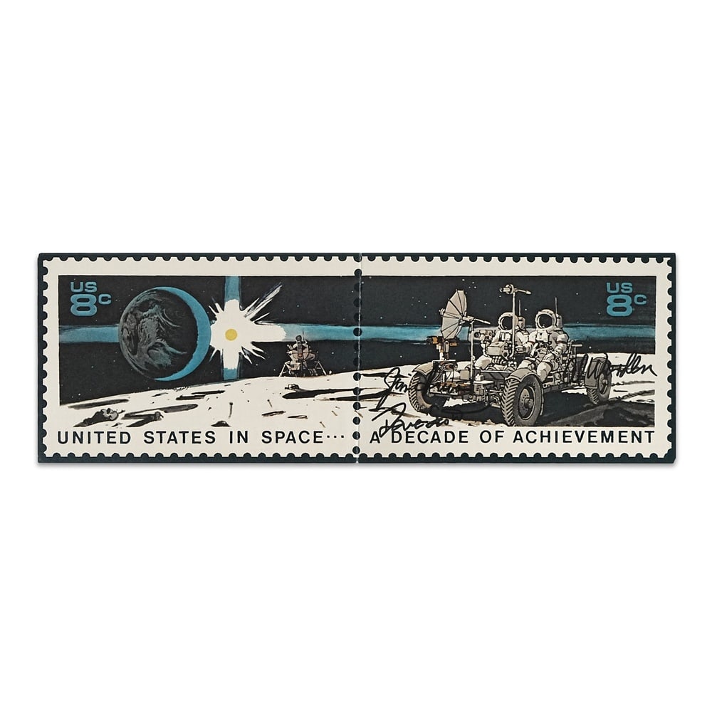APOLLO 15 CREW FULLY SIGNED 1971 "A DECADE IN SPACE" FIRST DAY ISSUE FOLDER: 16 1/8 x 5 1/4 in (40.8 x 13.3 cm) Provenance and Authentication: According to the accompanying documentation provided by the consignor, the signatures have been examined with reference to multiple