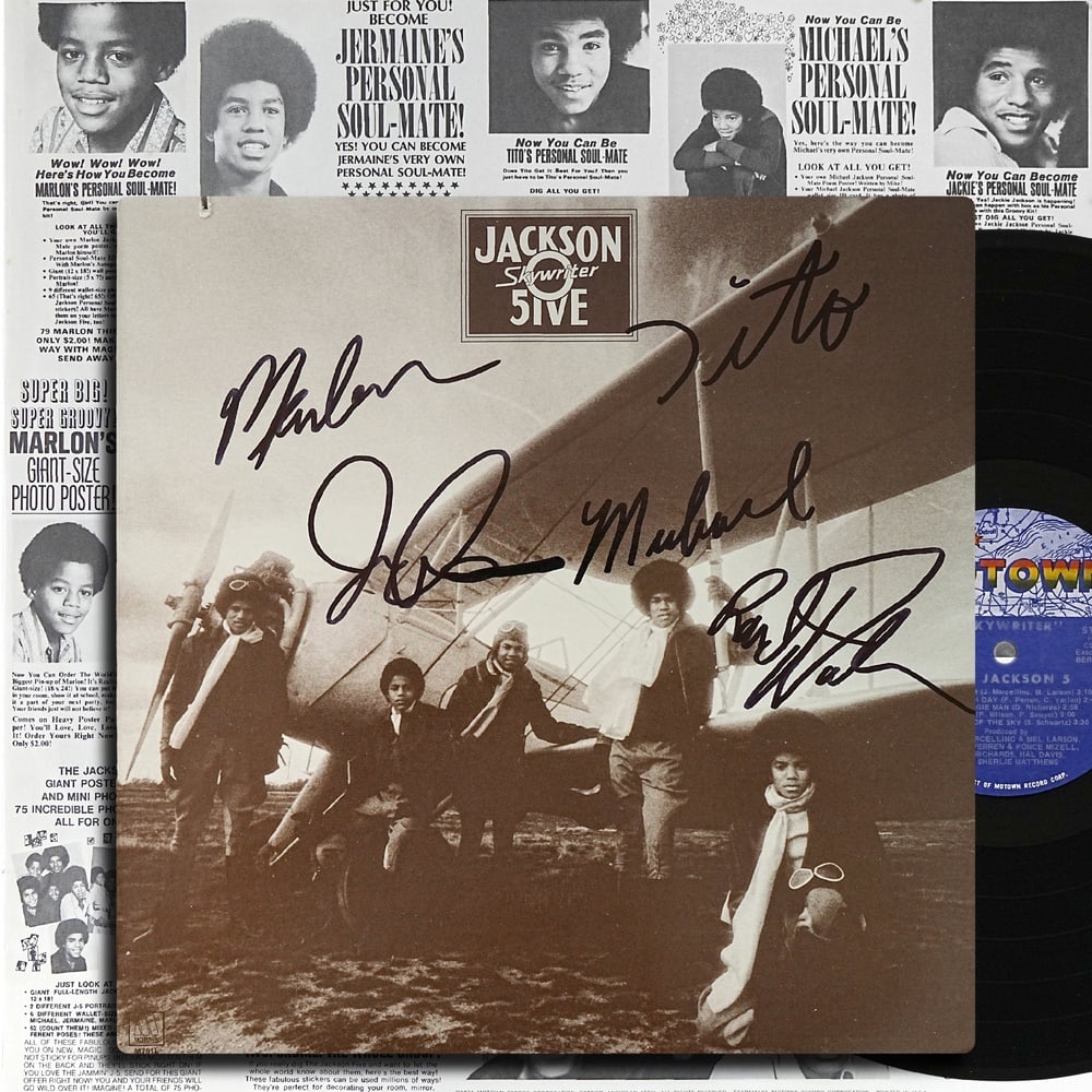 THE JACKSON 5 FULLY SIGNED 1973 US FIRST PRESSING "SKYWRITER" LP: 12 1/4 x 12 1/4 in Provenance and Authentication: According to the accompanying documentation provided by the consignor, the signatures have been examined with reference to multiple factors, including