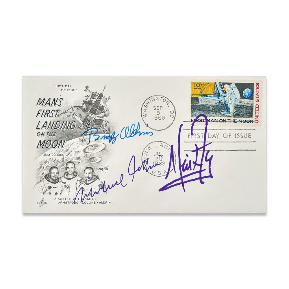 APOLLO 11 CREW FULLY SIGNED FIRST DAY COVER: 6 1/2 x 3 5/8 in (16.5 x 9.2 cm) Provenance and Authentication: According to the Letter of Authenticity (LOA) and Certificate of Authenticity (COA) provided by the consignor, this collectible was