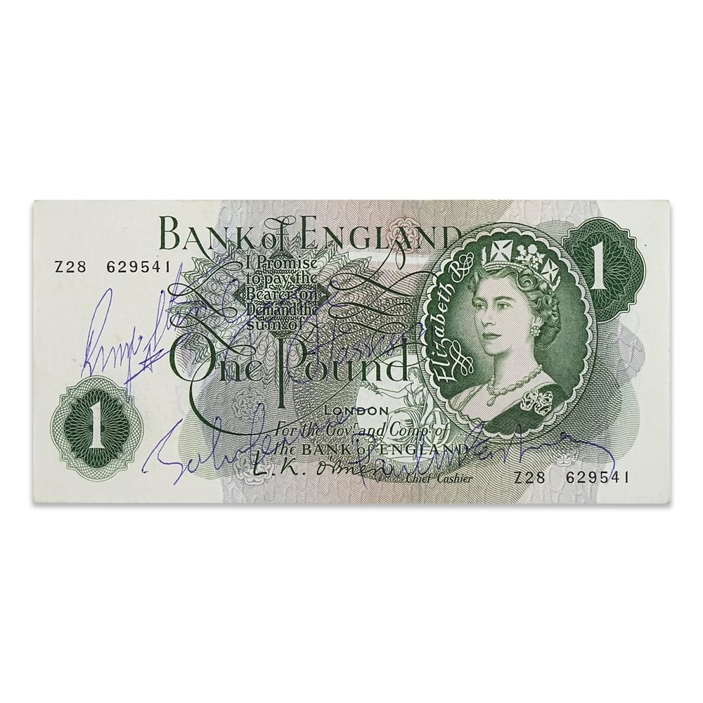 THE BEATLES FULLY SIGNED BANK OF ENGLAND SERIES C £1 NOTE: Provenance and Authentication: According to the accompanying documentation provided by the consignor, the signatures have been examined with reference to multiple factors, including ink