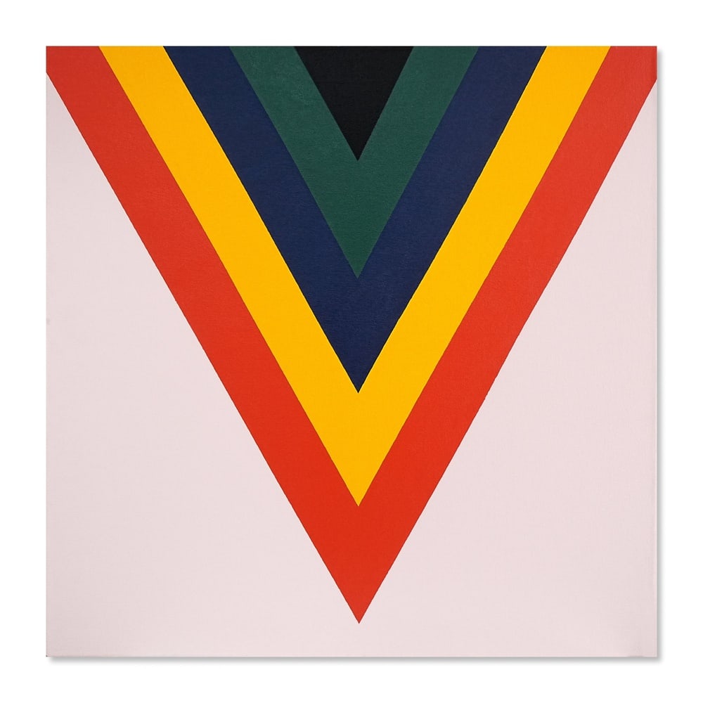 KENNETH NOLAND (1924-2010), ATTRIBUTED TO, ACRYLIC ON CANVAS: Signed (verso) Image Dimensions: 38 x 38 in (96.5 x 96.5 cm) This painting comes with COA. This striking 1964 composition is organized around a sequence of sharply defined V-shaped bands descending th