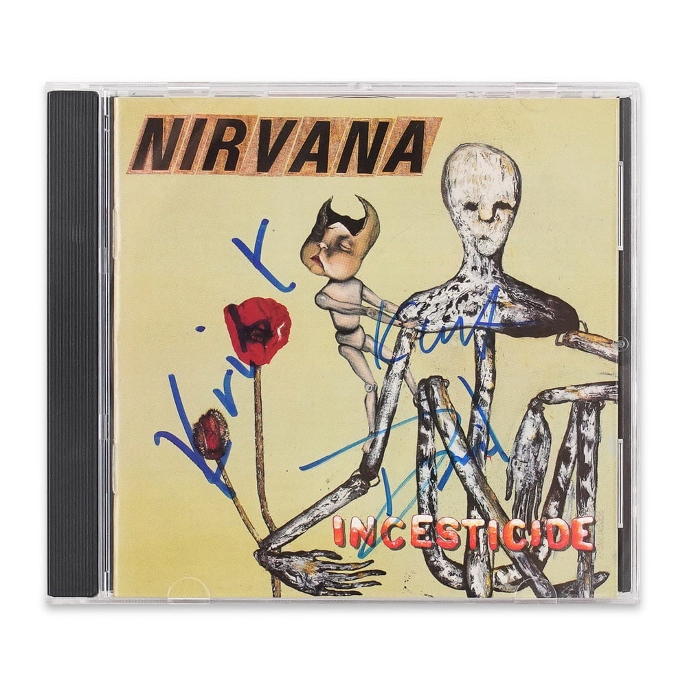 NIRVANA FULLY SIGNED "INCESTICIDE" CD: 5 5/8 x 4 7/8 in (14.2 x 12.5 cm) Provenance and Authentication: According to the Letter of Authenticity (LOA) and Certificate of Authenticity (COA) provided by the consignor, this collectible was