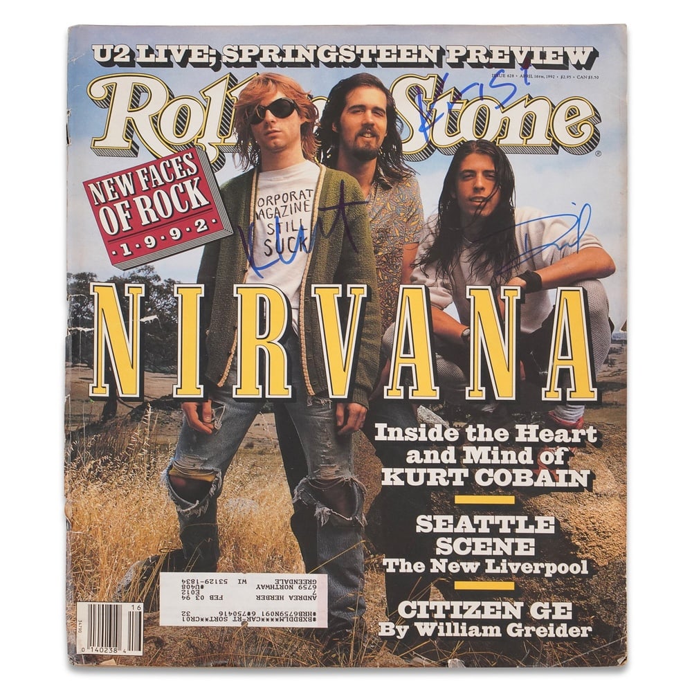 NIRVANA FULLY SIGNED APRIL 16, 1992 ROLLING STONE MAGAZINE: 12 x 10 in (30.5 x 25.5 cm) Provenance and Authentication: According to the Letter of Authenticity (LOA) and Certificate of Authenticity (COA) provided by the consignor, this collectible was