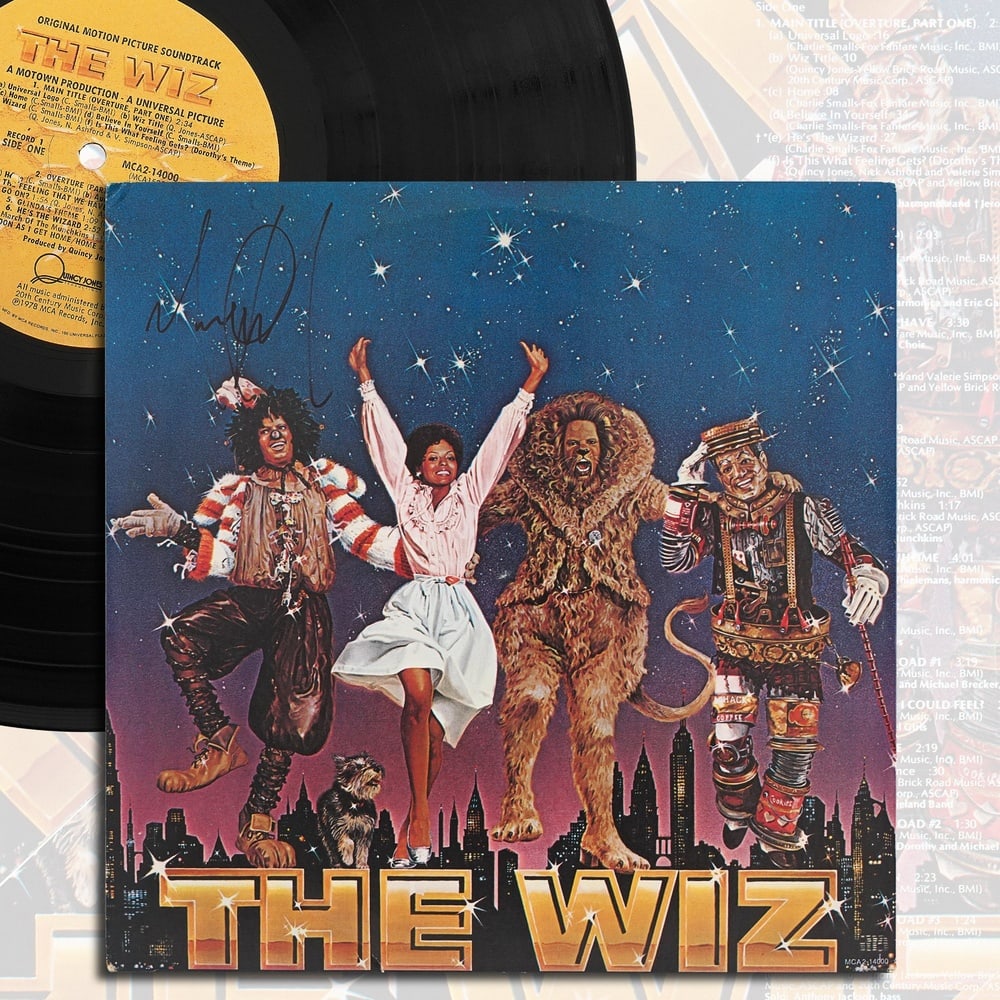 MICHAEL JACKSON SIGNED "THE WIZ" LP: 12 3/8 x 12 3/8 in (31.5 x 31.5 cm) Provenance and Authentication: According to the accompanying documentation provided by the consignor, the signatures have been examined with reference to multiple
