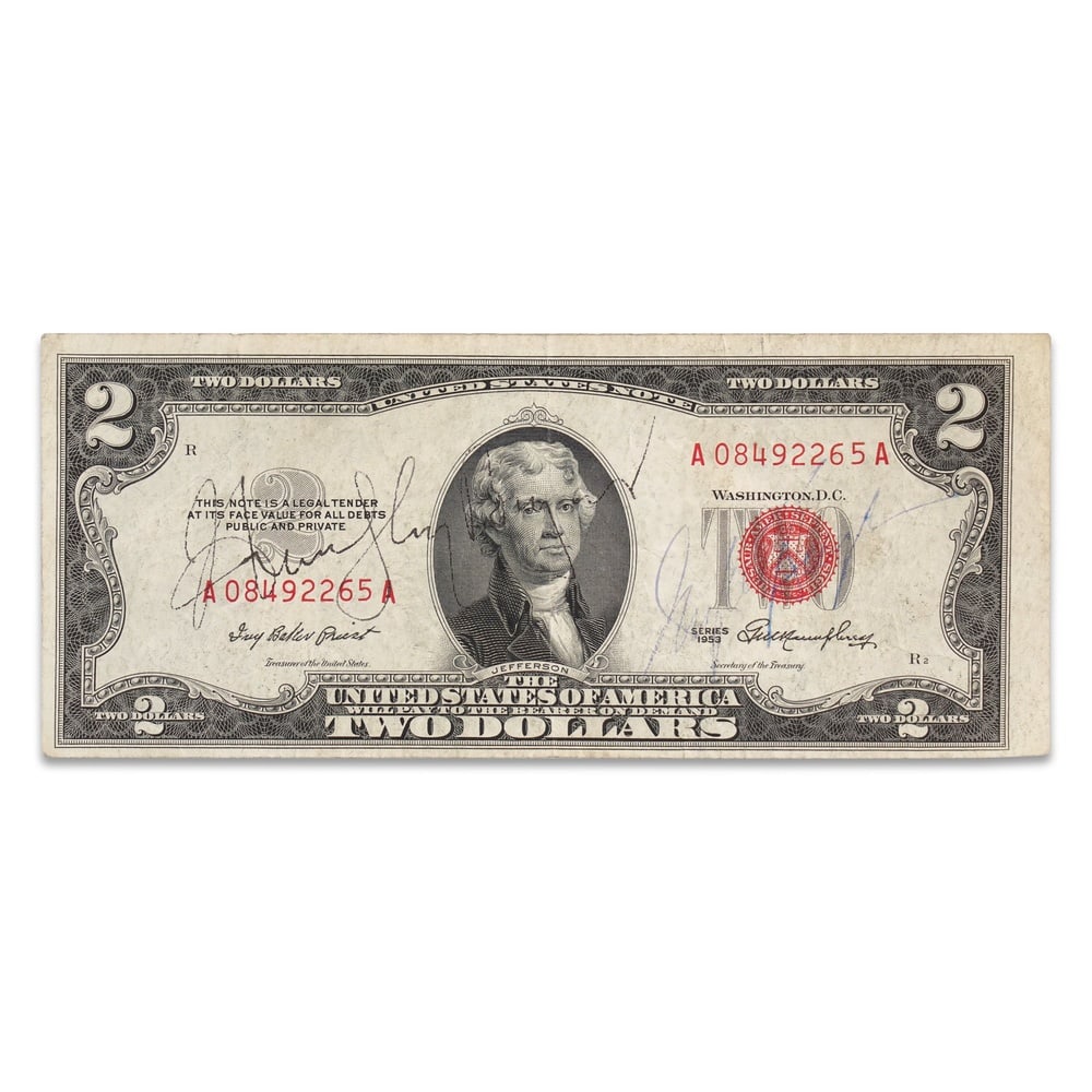 HUMPHREY BOGART & INGRID BERGMAN SIGNED 1953 $2 RED SEAL UNITED STATES NOTE: 6 1/4 x 2 1/2 in (15.7 x 6.5 cm) Provenance and Authentication: According to the Letter of Authenticity (LOA) and Certificate of Authenticity (COA) provided by the consignor, this collectible was