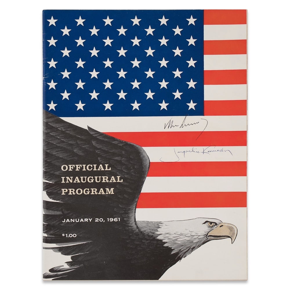 JOHN F. KENNEDY & JACQUELINE KENNEDY SIGNED 1961 PRESIDENTIAL INAUGURATION OFFICIAL PROGRAM: 11 1/4 x 8 1/4 in (28.4 x 21 cm) Provenance and Authentication: According to the Letter of Authenticity (LOA) and Certificate of Authenticity (COA) provided by the consignor, this collectible was