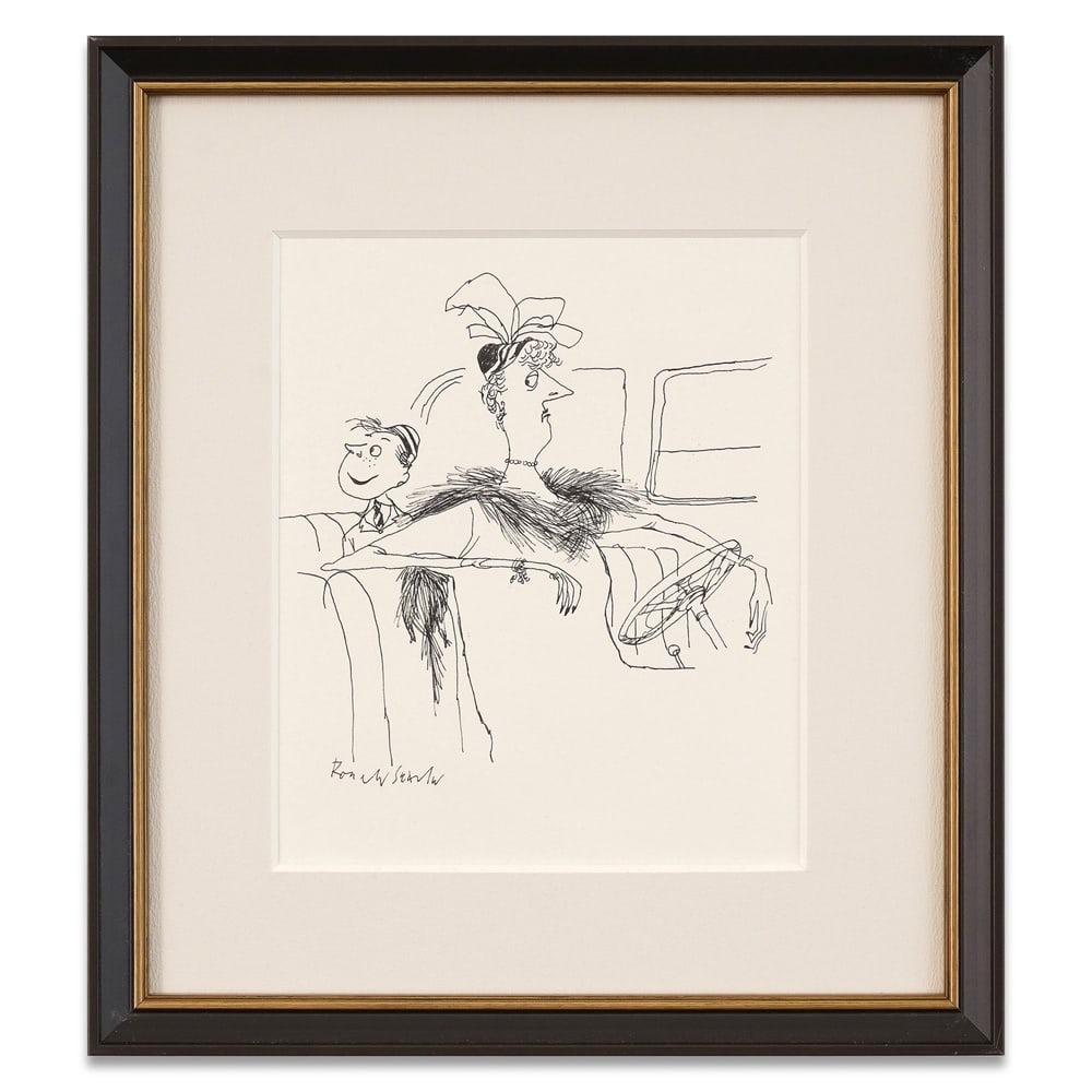 RONALD SEARLE SIGNED FIGURAL DRAWING: Image Dimensions: 8 5/8 x 7 1/4 in (22 x 18.3 cm) Framed Dimensions: 14 1/4 x 12 3/4 in (36.2 x 32.5 cm) Provenance and Authentication: According to the Letter of Authenticity (LOA) and Certificate of