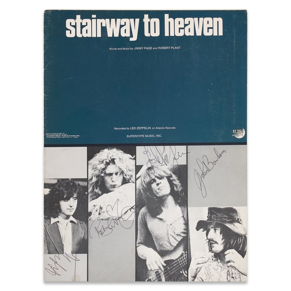 LED ZEPPELIN FULLY SIGNED "STAIRWAY TO HEAVEN" SHEET MUSIC: 12 x 8 7/8 in (30.5 x 22.6 cm) Provenance and Authentication: According to the Letter of Authenticity (LOA) and Certificate of Authenticity (COA) provided by the consignor, this collectible was subjec