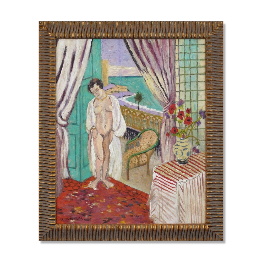 HENRI MATISSE (1869-1954), ATTRIBUTED TO, "NU AU PEIGNOIR BLANC", OIL ON CANVAS: Signed (lower left) Image Dimensions: 31 7/8 x 25 5/8 in (81 x 65 cm) Framed Dimensions: 37 3/4 x 31 1/4 in (95.8 x 79.5 cm) This painting comes with COA. Henri Matisse stands among the defining