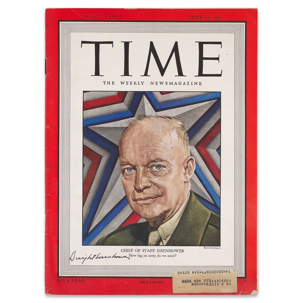 DWIGHT D. EISENHOWER SIGNED 1947 "TIME" MAGAZINE: 11 1/4 x 8 1/4 in (28.4 x 21 cm) Provenance and Authentication: According to the Letter of Authenticity (LOA) and Certificate of Authenticity (COA) provided by the consignor, this collectible was