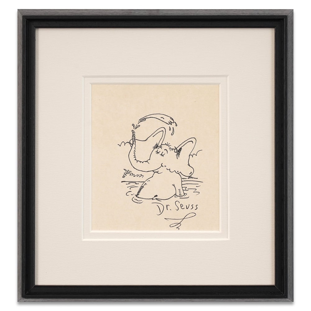 DR. SEUSS SIGNED FIGURAL DRAWING: Image Dimensions: 7 3/4 x 6 3/4 in (19.8 x 17.3 cm) Framed Dimensions: 16 1/8 x 15 1/8 in (41 x 38.5 cm) Provenance and Authentication: According to the Letter of Authenticity (LOA) and Certificate