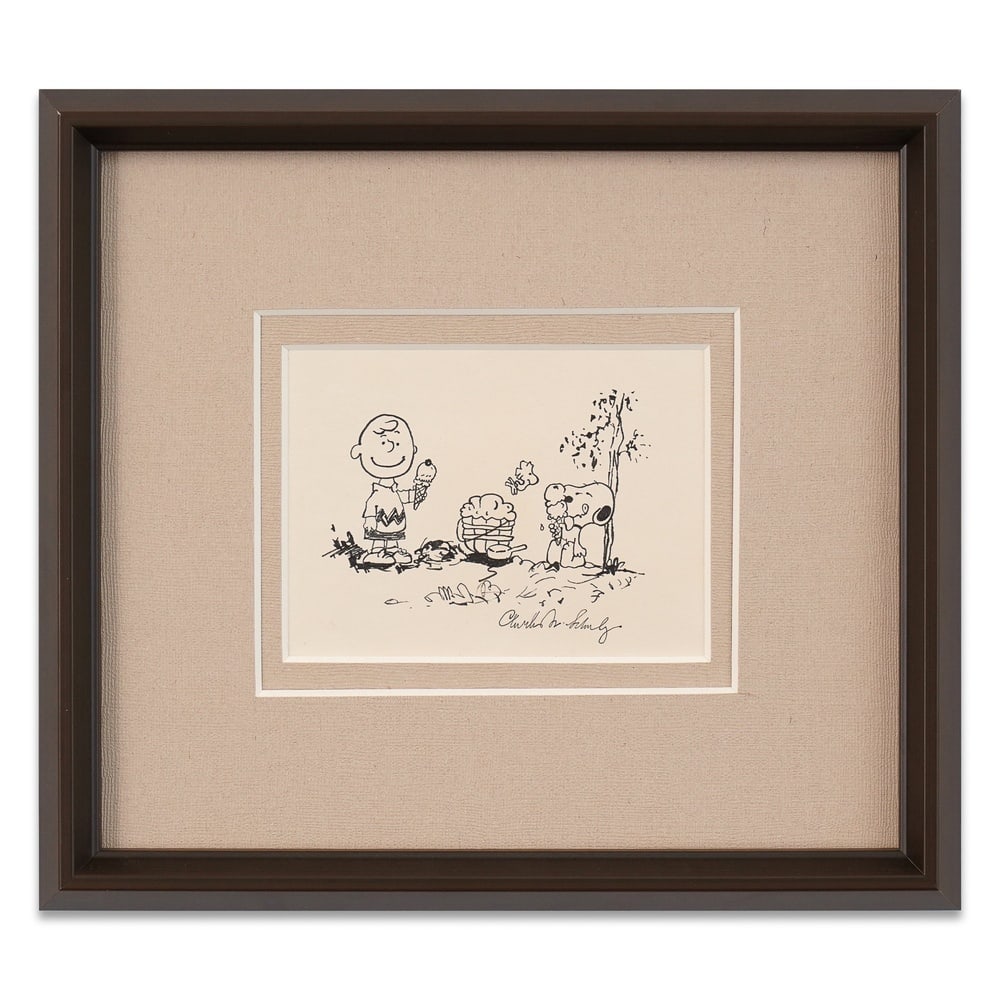 CHARLES M. SCHULZ SIGNED "PEANUTS" DRAWING: Image Dimensions: 4 7/8 x 6 1/2 in (12.4 x 16.4 cm) Framed Dimensions: 13 1/4 x 14 3/4 in (33.5 x 37.5 cm) Provenance and Authentication: According to the Letter of Authenticity (LOA) and Certificate 