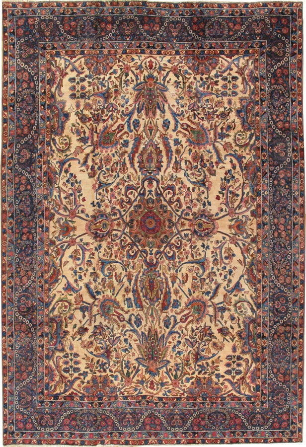 Antique Yazd Carpet, Central Persia, 11' 7'' X 17' 1'': This elegant Yazd carpet is handknotted in fine lamb?s wool. The refined ivory field is adorned with an intricate allover design of delicate floral motifs and scrolling vinery, articulated in contrast