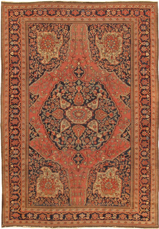 Antique Northwest Persian Fereghan Carpet, 8' 4'' X 11'11'': An elegant antique Northwest Persian Fereghan carpet distinguished by its commanding central medallion set upon a warm rust field, framed by deep navy spandrels filled with intricate floral and vine m
