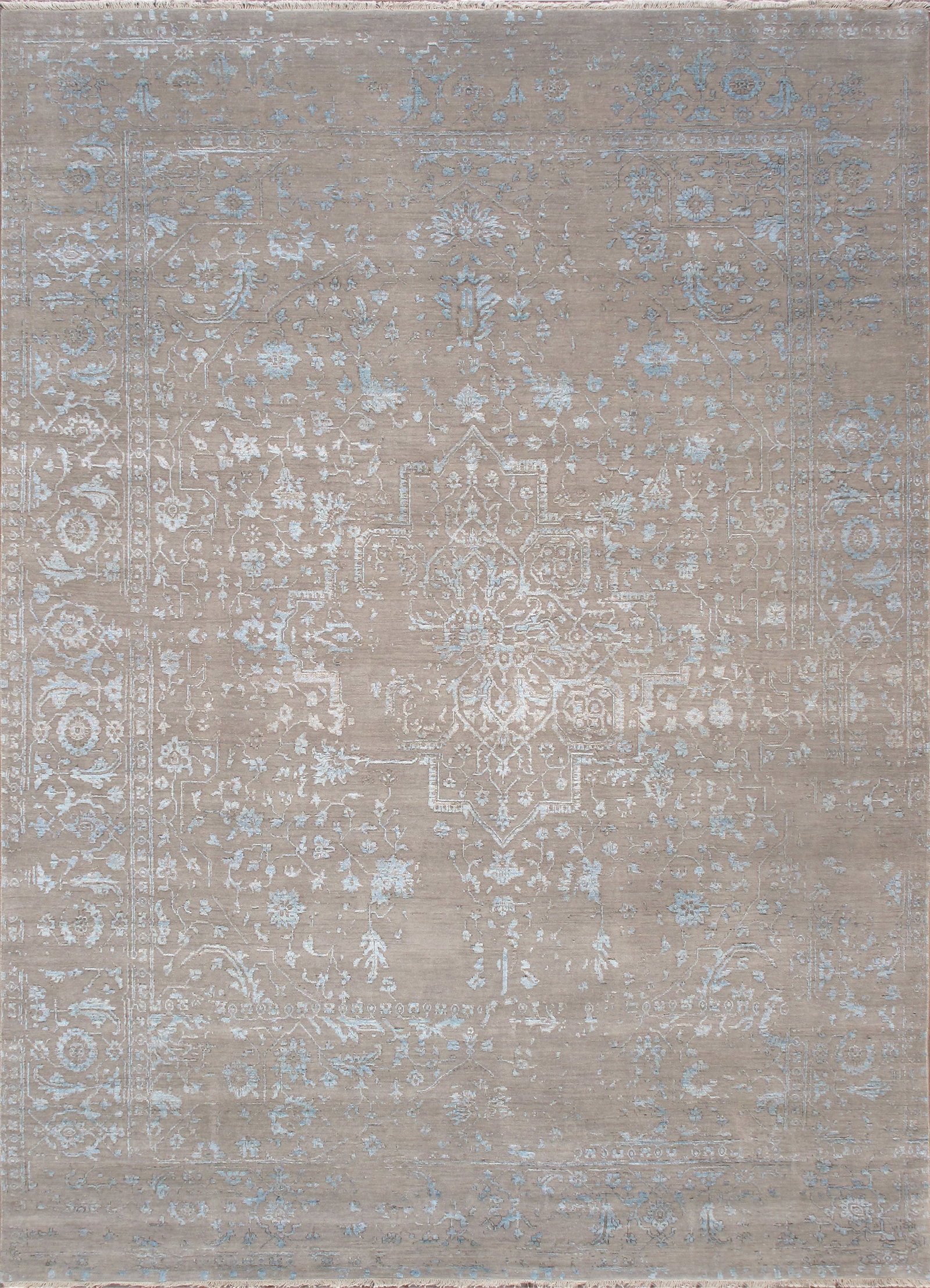 Transitional Hand-Knotted Silver/L.Blue Area Rug- 8'10'' X 12' 2'': The brand Pasargad is the perfect blend of class and elegance. These Transitional rugs are sure to add a touch of modern elegance to any room in your home. These rugs are made of pure Vsilk and wool, 