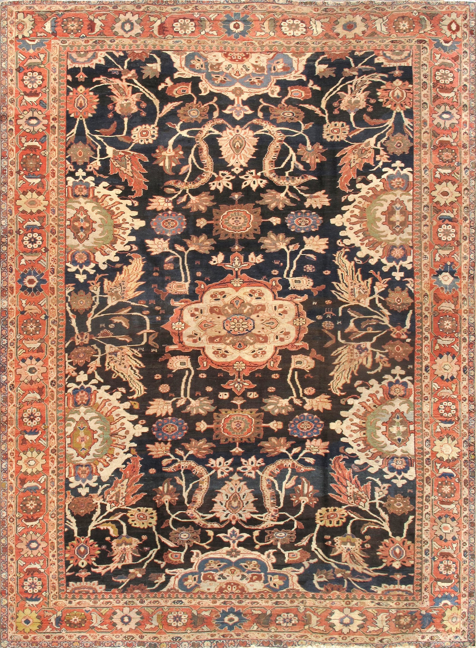Antique Persian Ziegler Sultanabad Carpet, Black and Rose, 11' 4'' X 15' 3'': A striking antique Sultanabad carpet knotted in the celebrated Ziegler & Co. tradition, presenting an elegant allover design set against a dramatic black ground softened by romantic rose tones. The fi