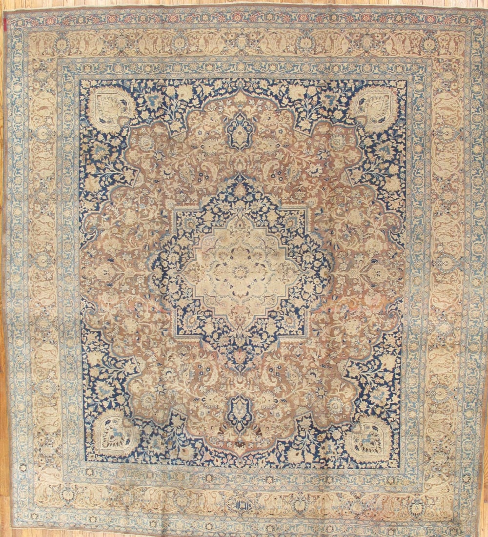 Antique Persian Tabriz Carpet, Soft Peach Medallion, 12' 3'' X 13' 6'': An elegant antique carpet from Tabriz, distinguished by a graceful medallion composition rendered in delicate layers of soft peach. The fine lamb’s wool pile creates a gentle luminosity, allowin