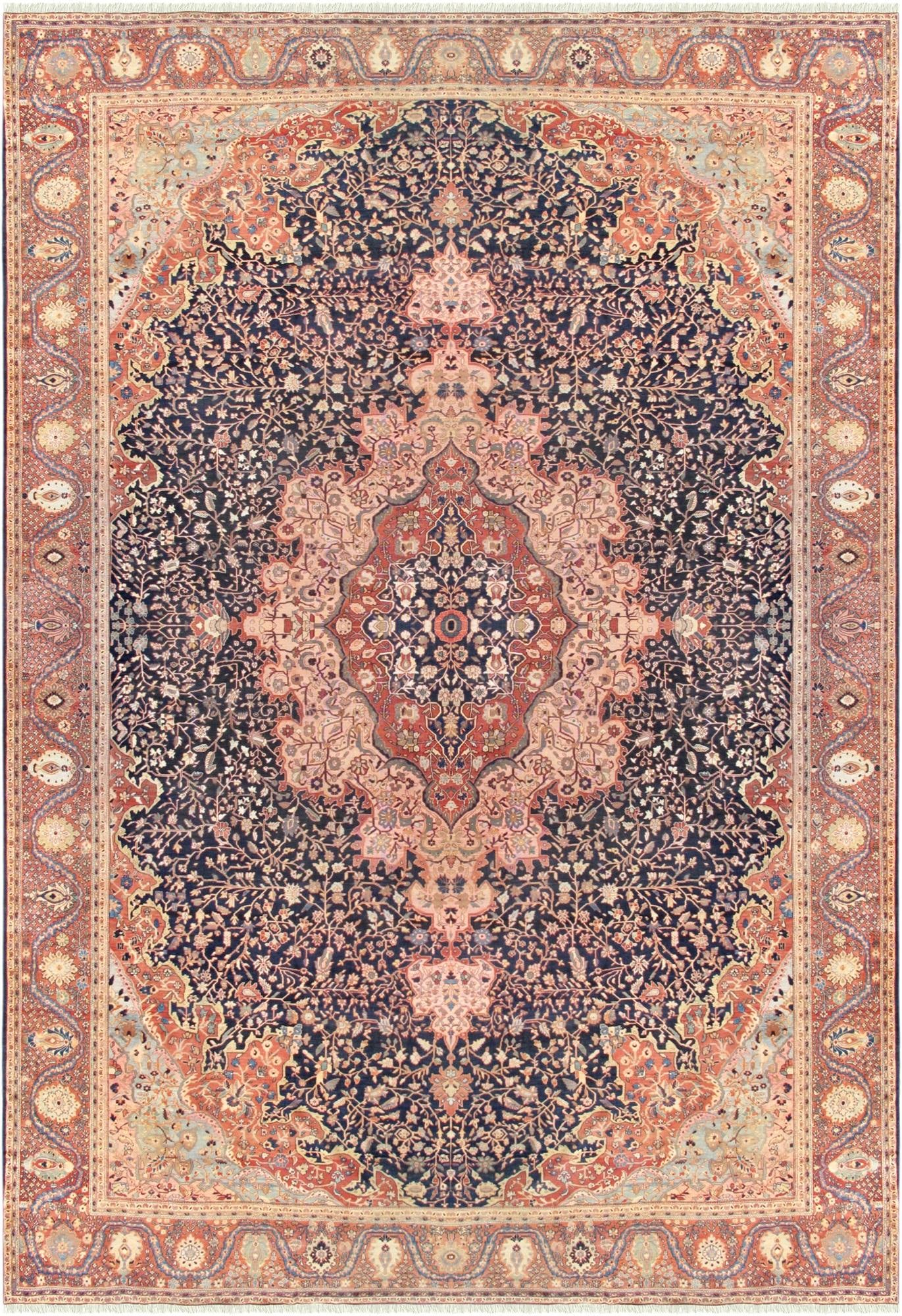 Antique Persian Ferehan Medallion Carpet, Navy and Rust, 13' 4'' X 20' 8'': A grand antique carpet from Ferehan, showcasing a stately medallion composition set within a deep navy field enriched by warm rust accents. The fine lamb’s wool pile lends a soft glow, enhancing