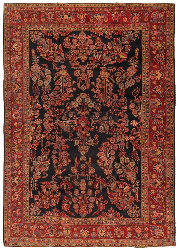 Antique Persian Sarouk Handmade Rug, Navy and Red 9' 0'' X 12' 2'': An elegant antique carpet from Sarouk, centered by a timeless medallion composition set within a rich navy field enlivened by warm red accents. The fine lamb’s wool pile offers a soft, luminous 