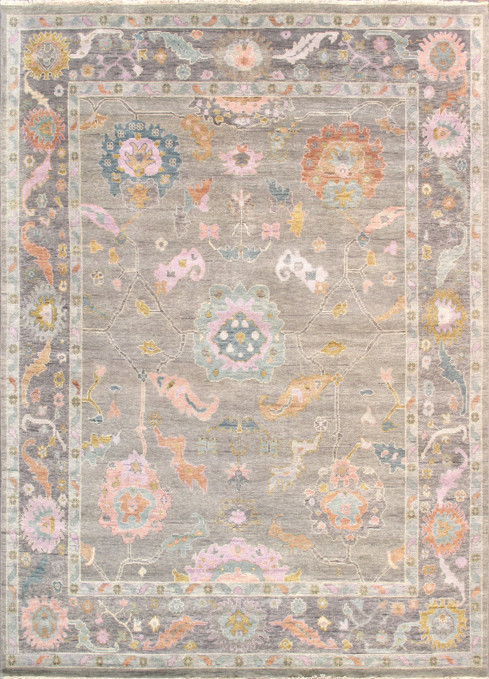 Oushak Hand-Knotted Silver Wool Area Rug- 7'10'' X 8' 0'': The Oushak Collection reflects the enduring character of traditional hand-knotting, defined by its floral motifs and softened, tonal palette. Each rug is hand-knotted from hand-spun lamb’s wool, res
