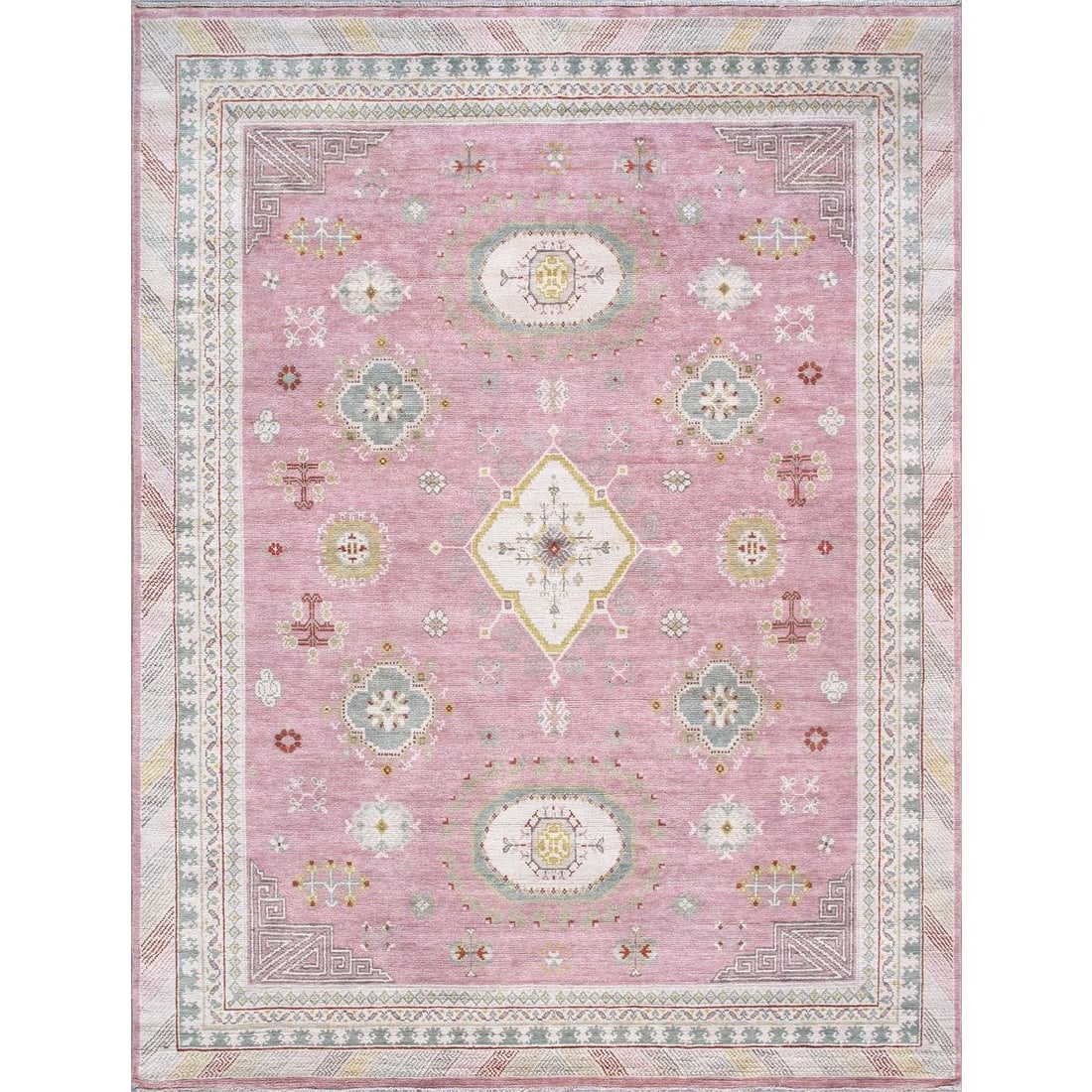 Khotan Hand-Knotted Traditional Wool Area Rug- 9' 2'' X 11'11'', Pink/Beige: This exquisite Khotan rug is a masterpiece of traditional craftsmanship. Hand-knotted from 100% premium wool, it showcases remarkable durability and luxurious texture. The rug features a refined pink 