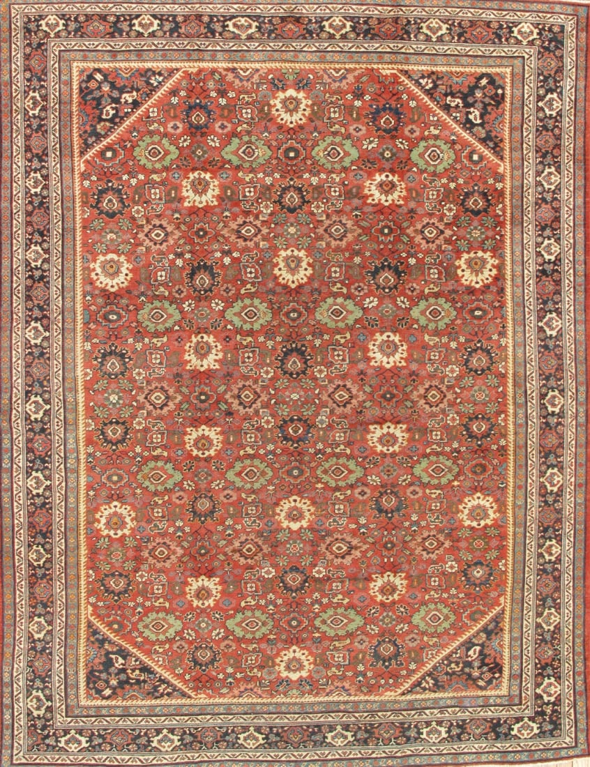 Antique Persian Mahal Hand-Crafted Carpet, West Persia, 10' 3'' X 13' 6'': The richly abrashed terracotta field densely ornamented with an all-over lattice of stylized rosettes, angular palmettes, and delicate vinery arranged in a rhythmic, repeating pattern. Accents of rust