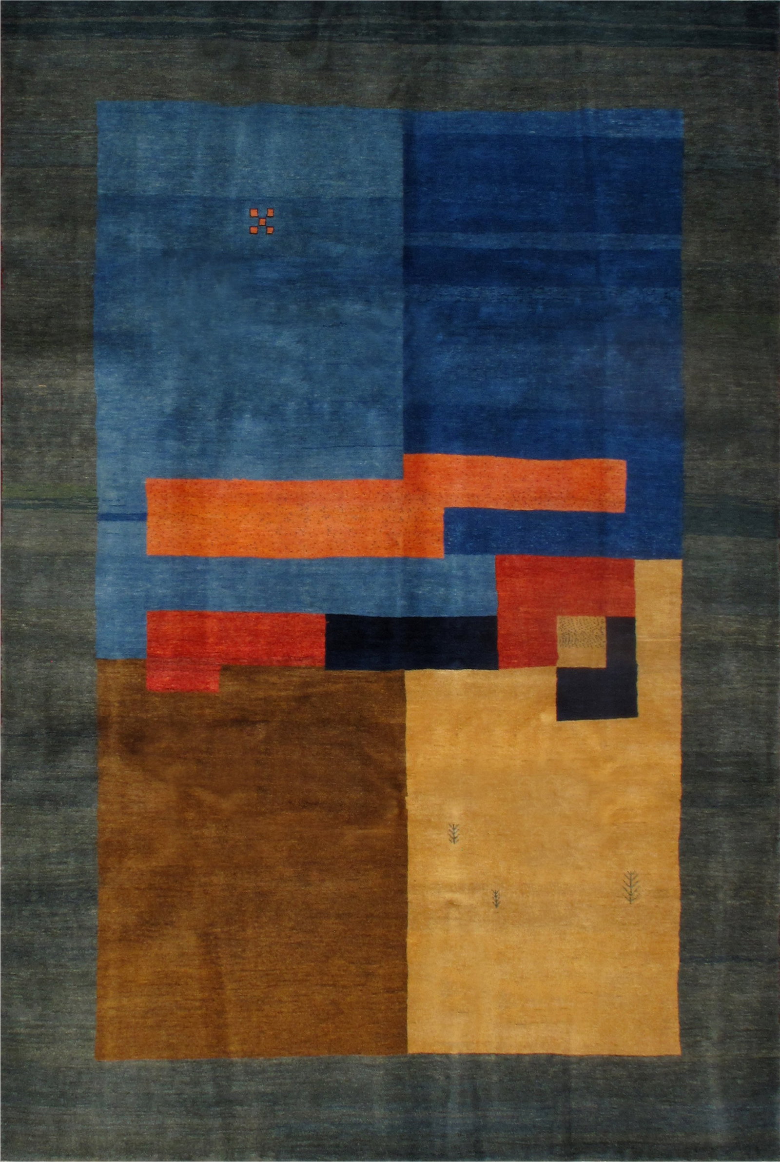 Persian Gabbeh Modern design Rug, Multi and Green, 6' 8'' X 10' 1'': Hand-knotted using high-quality wool with natural vegetable dyes, this runner displays the crisp drawing, vibrant palette, and detailed weave that have made Shirvan rugs among the most sought-after Ca