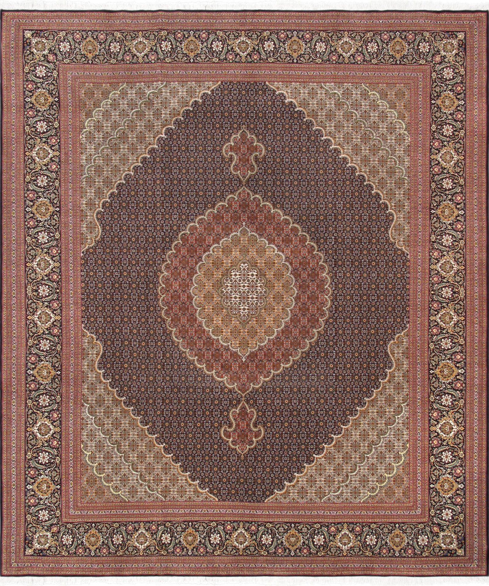 Persian Tabriz Hand-Knotted Silk and Wool Rug, Navy, 8' 3'' X 9'10'': A distinguished Persian Tabriz rug featuring a finely detailed medallion in a rich navy?on?navy palette, hand?knotted in a luxurious blend of silk and wool. This piece exemplifies the refined precisio