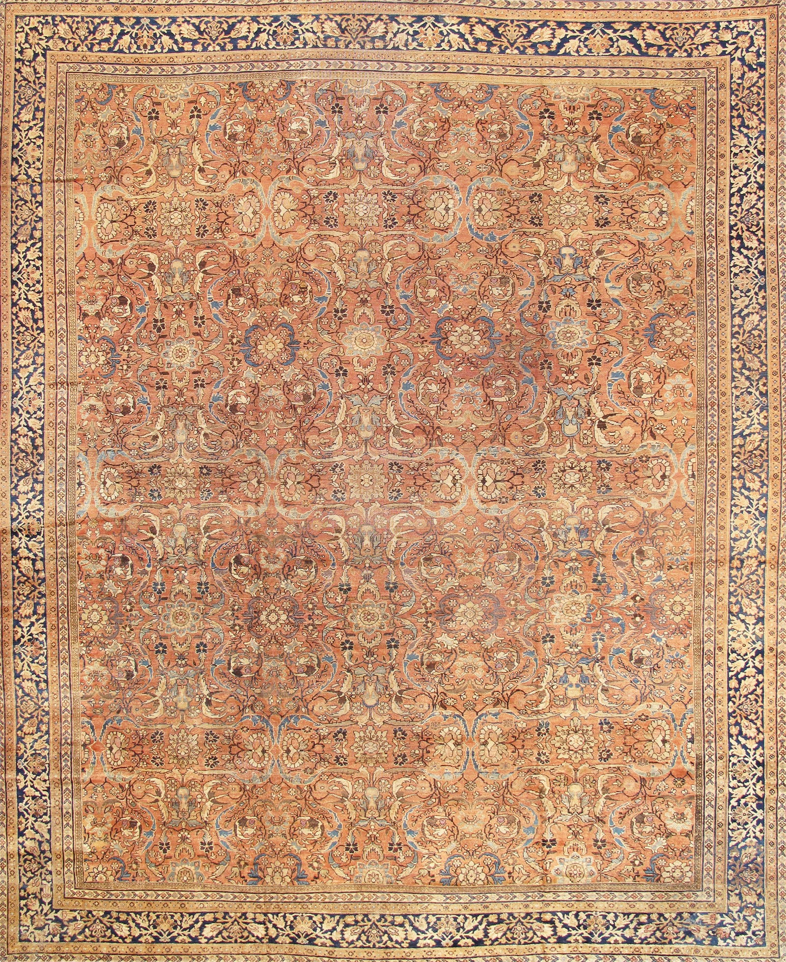 Antique Mahal Carpet, West Persia, 12'10'' X 17' 0'': The warm terracotta field is decorated with an elegant allover lattice of scrolling vines, palmettes, and stylized floral motifs, characteristic of the decorative drawing associated with antique Mahal